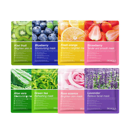 Bioaqua Sheet Mask Pack of 8 Fruit Plant Extract Moisturizing Brighten Facial Sheet Mask